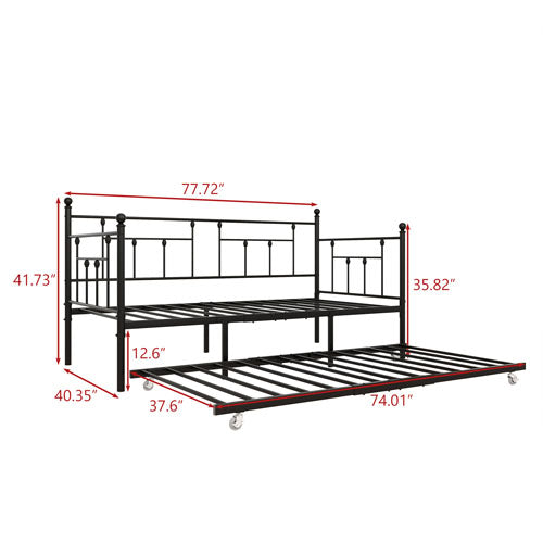 Twin-Sized Full Metal Pull-Out Daybed Bedframe with Trundle