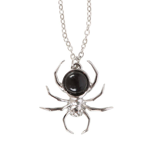 Spider Stainless Steel Pendant Necklace with Black Obsidian
