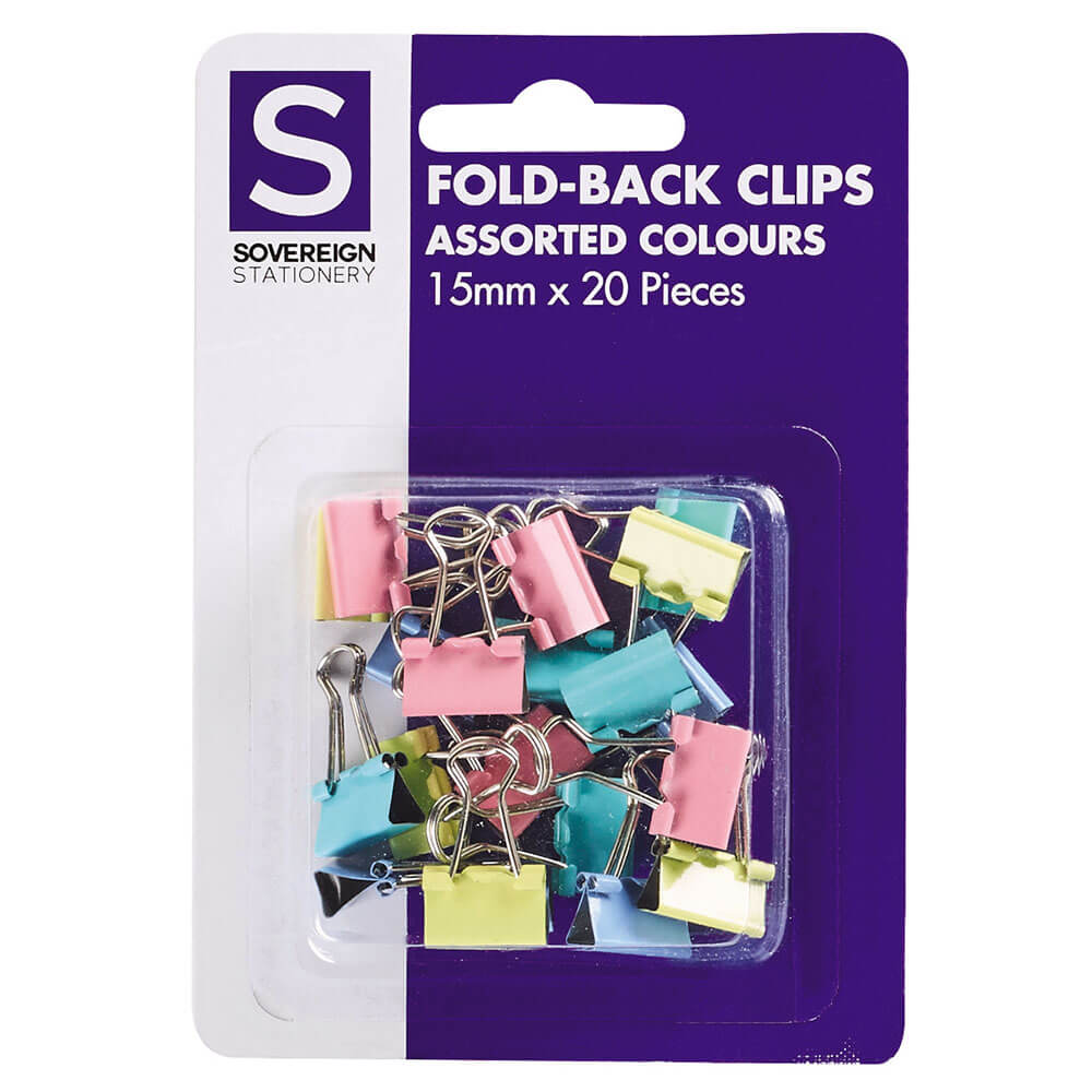 Stat Fold Back Clips 20pk 15mm (Assorted Colours)