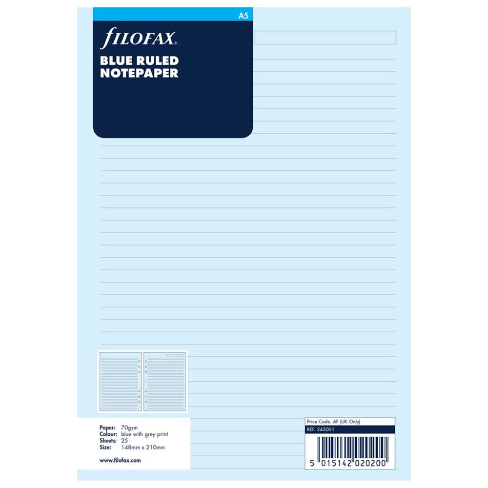 Filofax A5 Ruled Notepaper Refill 25pk (Blue)