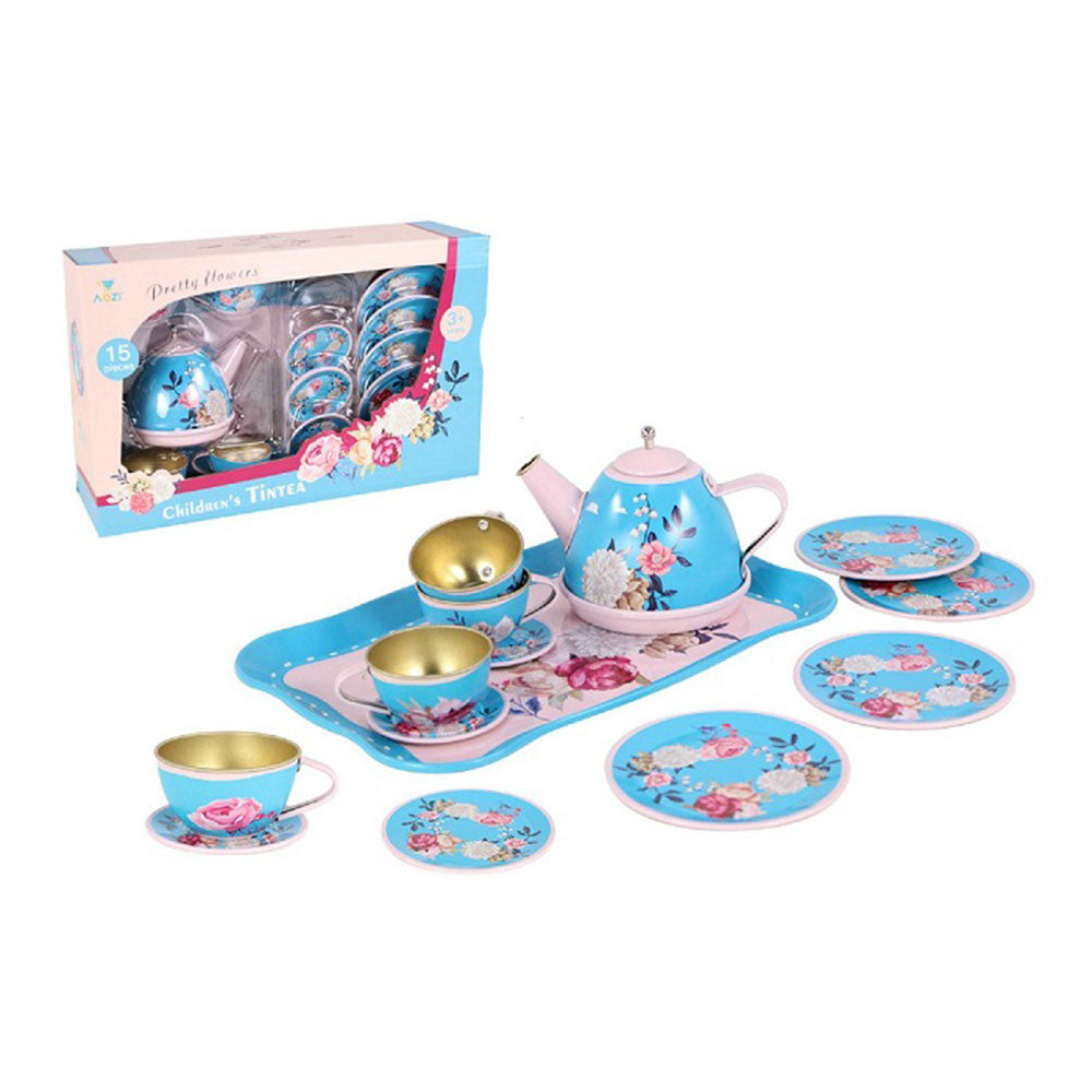 Floral Tin Tea Set 15pcs (Blue & Pink)