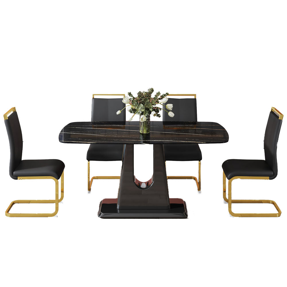 Marble Like Table & Gold Plated Dining Chair Set