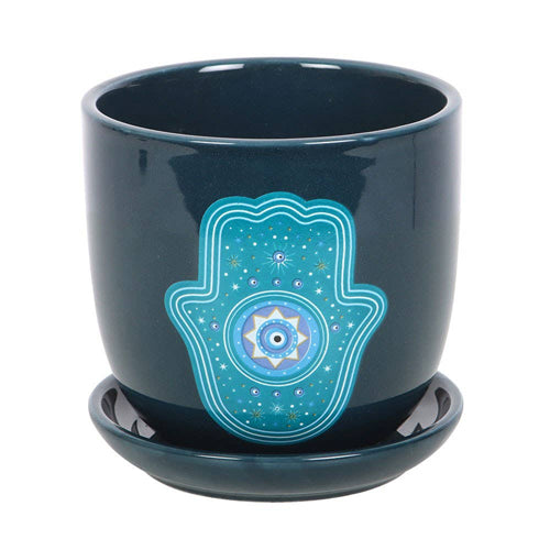 Blue Hand of Hamsa Ceramic Plant Pot