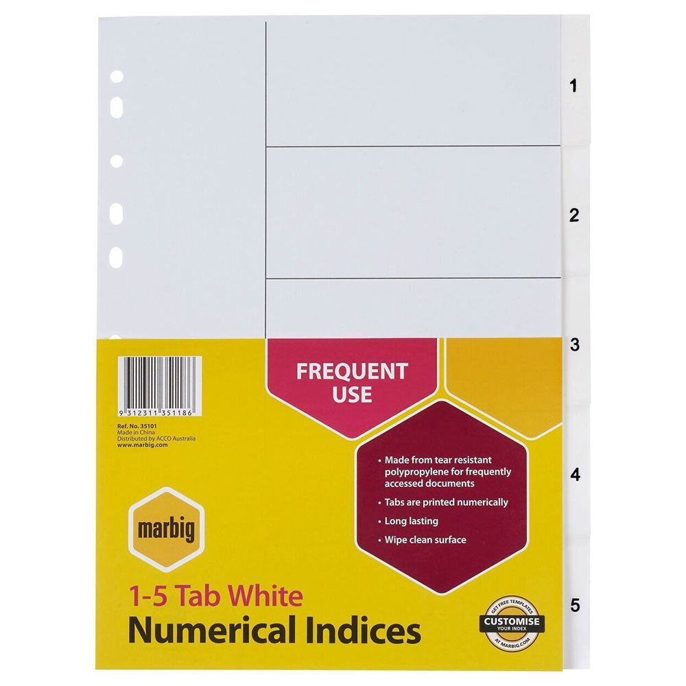 Marbig A4 1-5 Tab Numerical Indices/Dividers (White)