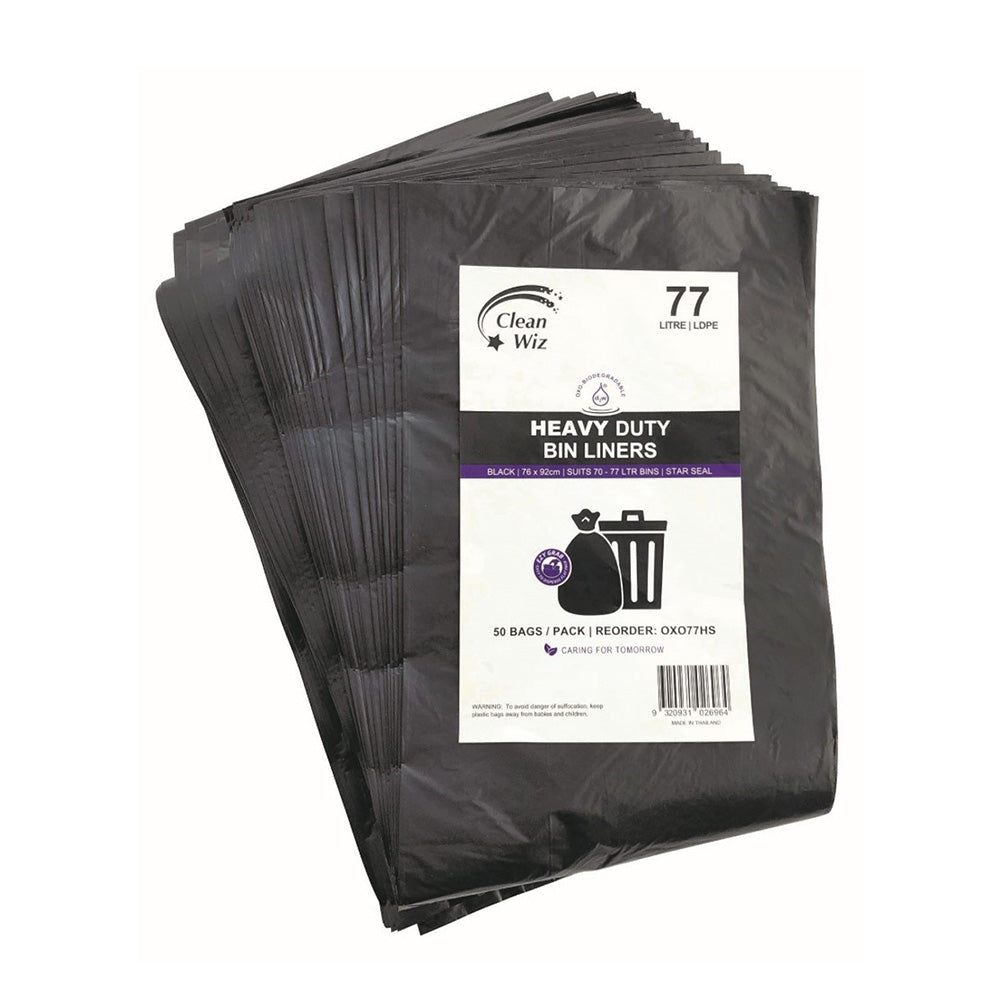 Clean Wiz Heavy Duty Star Seal 77L Bin Liner 50pcs (Black)