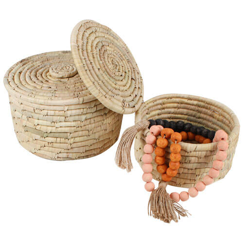 Seagrass & Date Leaf Round Basket w/ Lid 2 Sets (24x14cm)