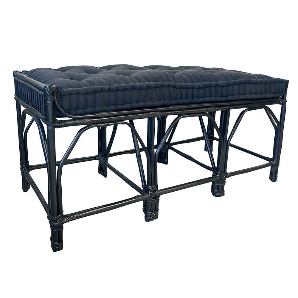 Wilkes Black Cane Bench with Cushion (126x59x49cm)