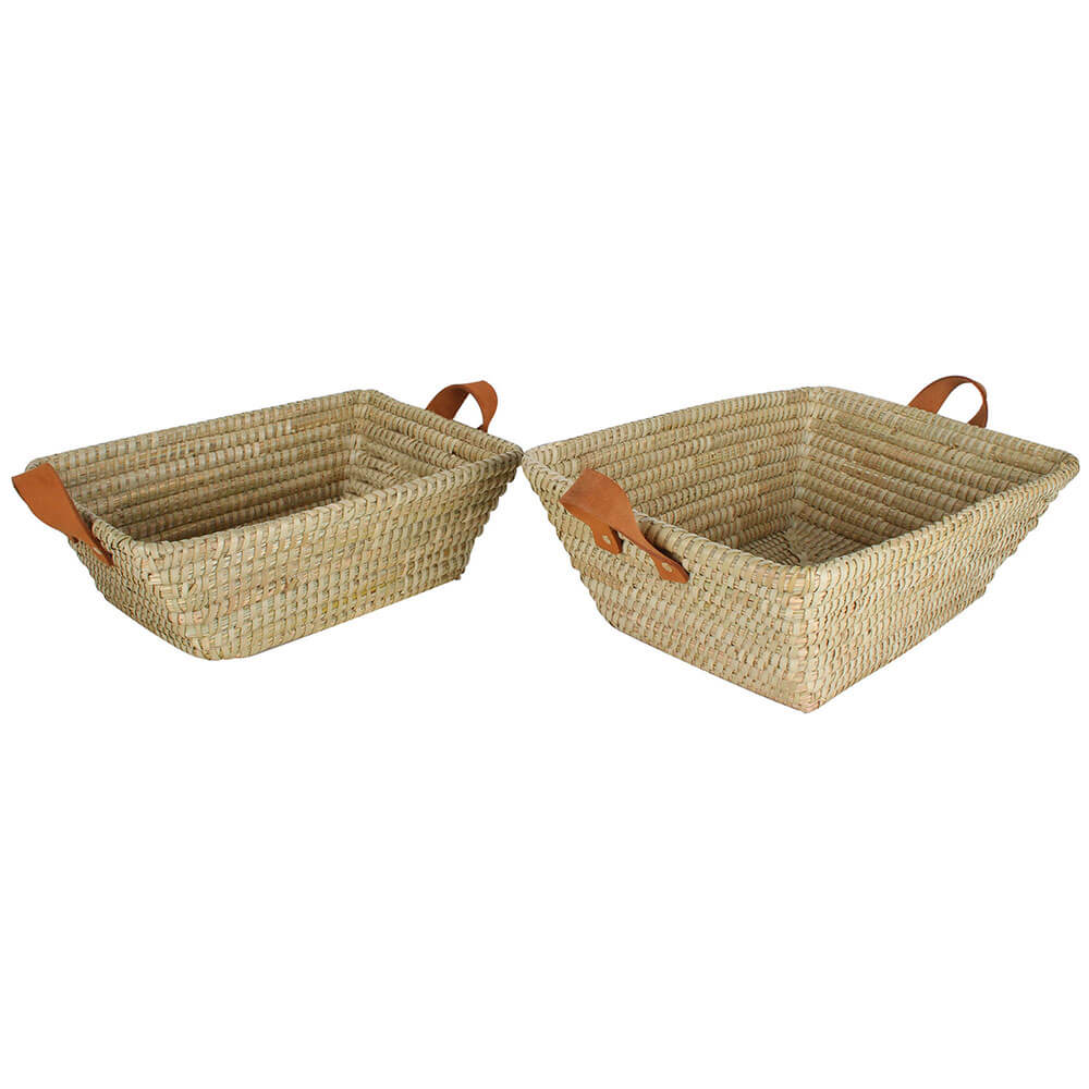 Noosa Palm Leaf Basket Leather Handle Set of 2 (41x28x15cm)