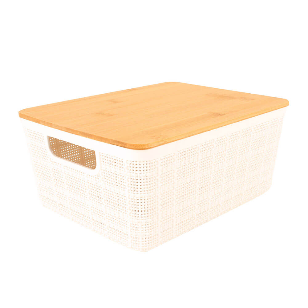 Plastic Storage Basket with Bamboo Lid (White)