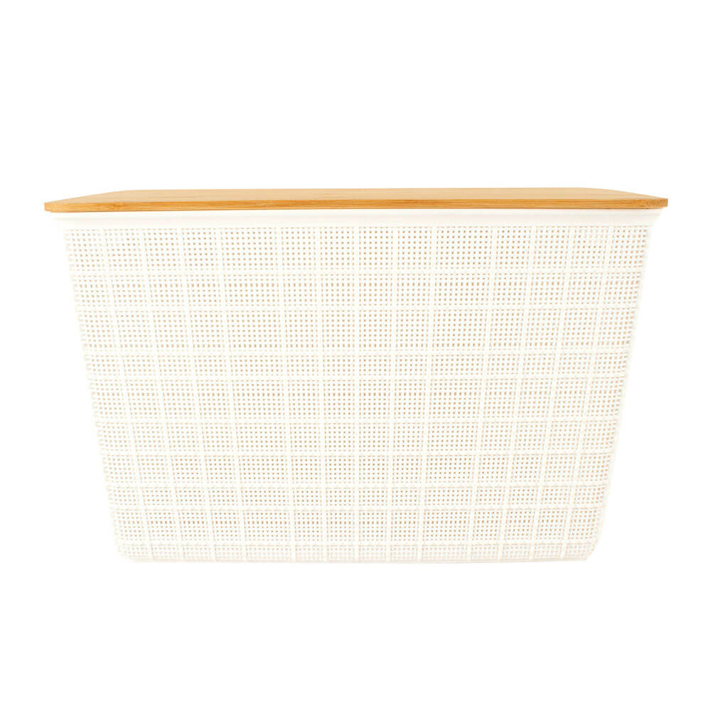 Plastic Storage Basket with Bamboo Lid (White)