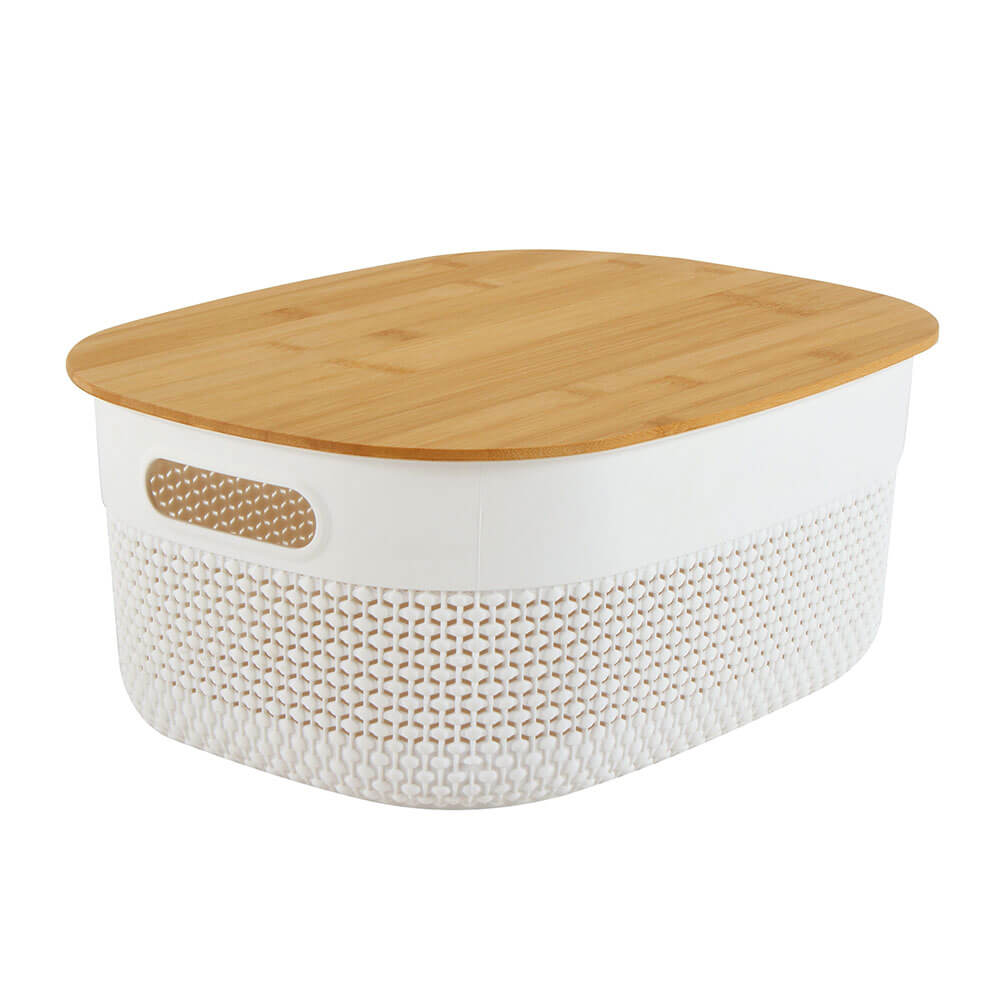 Oval Plastic Basket with Bamboo Lid (White)