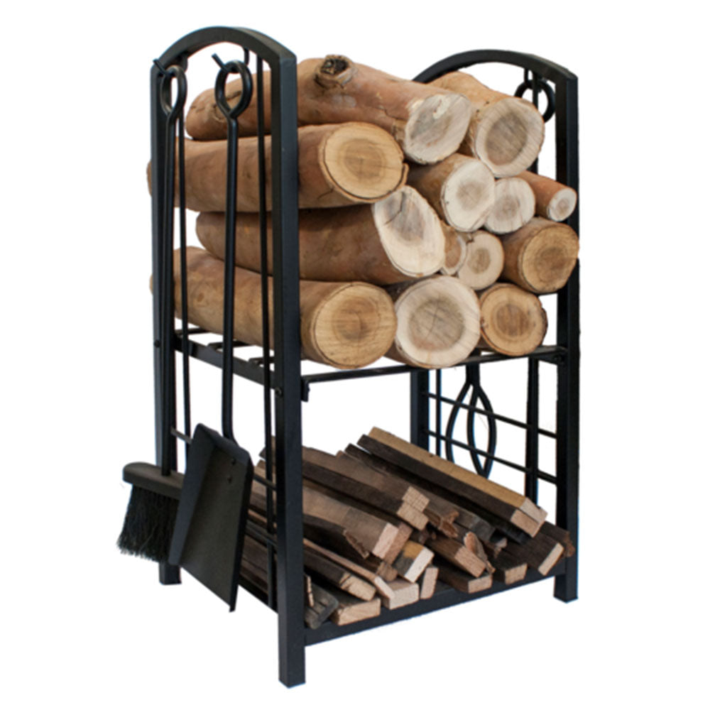 Large 2 Tier Wood Storage Rack with 4 Piece Fireplace Tools