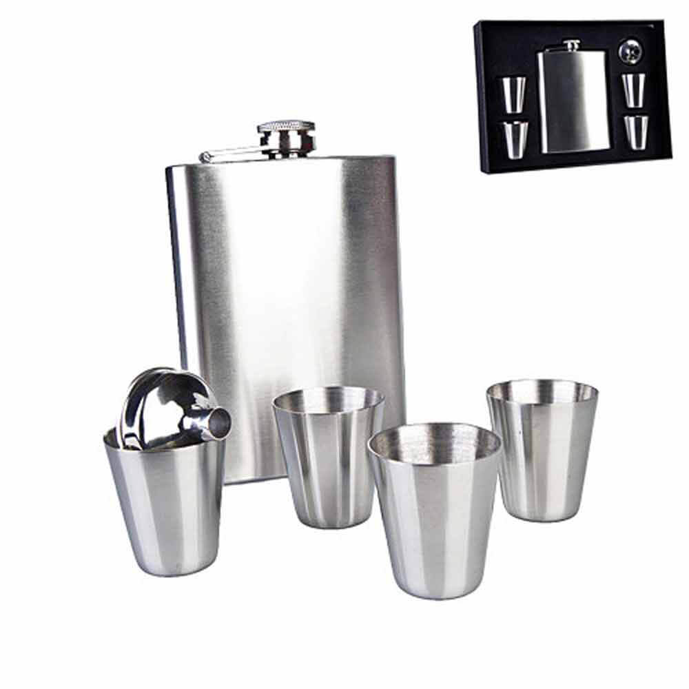 Stainless Steel Hip Flask w/ Shot Glasses