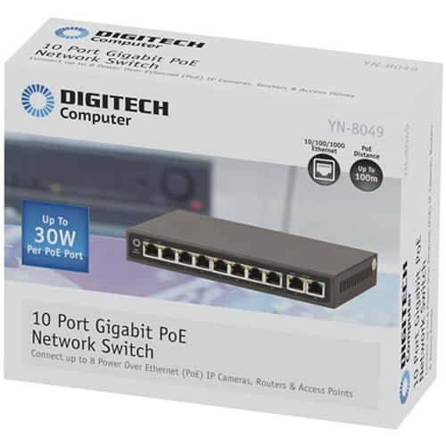 10 Port Gigabit PoE Network Hub Switch w/ PSU (30W)