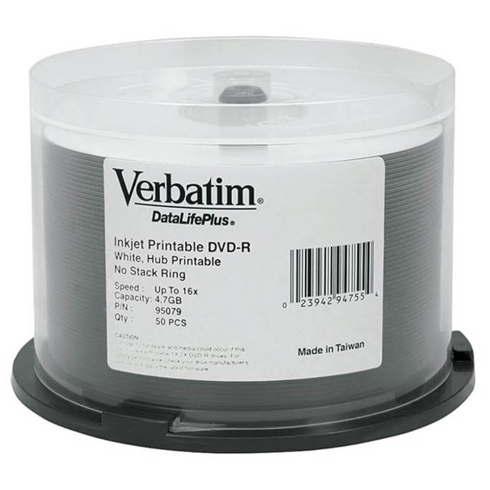 50 Pk 16x Verbatim DataLifePlus DVD-R 4.7GB White Printable