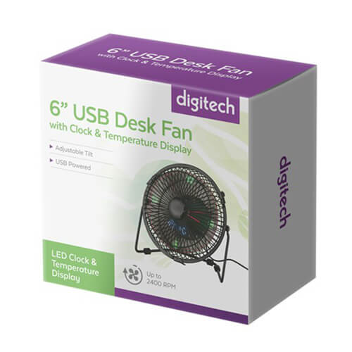 Digitech USB Desk Fan with Clock & Temperature 6"