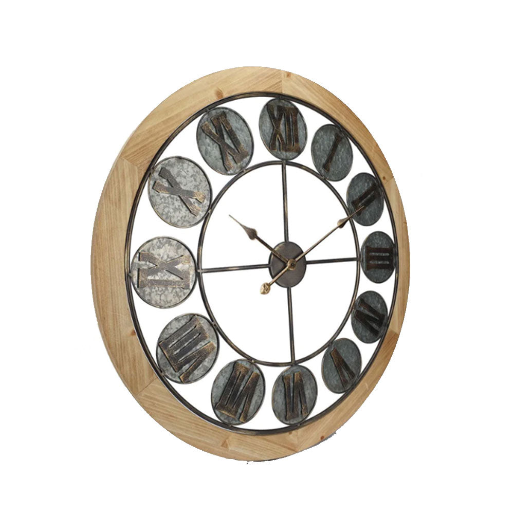 Roman Numeral in Metal Discs with Wooden Frame Wall Clock