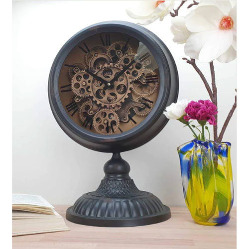 Metal Moving Gears Desk Clock with Base (Black)