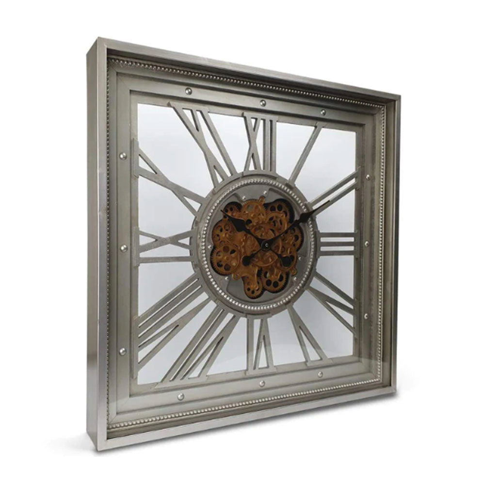 Luxurious Metal Square Clock with Moving Gears (Grey)