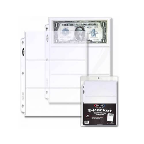 BCW 3 Pocket Protective Pages Currency