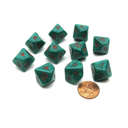 D10 Dice Ankh Pearlescent Green/Red (10 Dice)