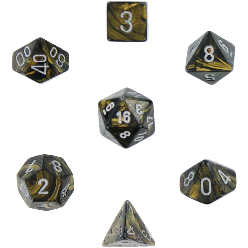 D7 Die Set Dice Leaf Polyhedral (7 Dice/Black Gold/Silver)