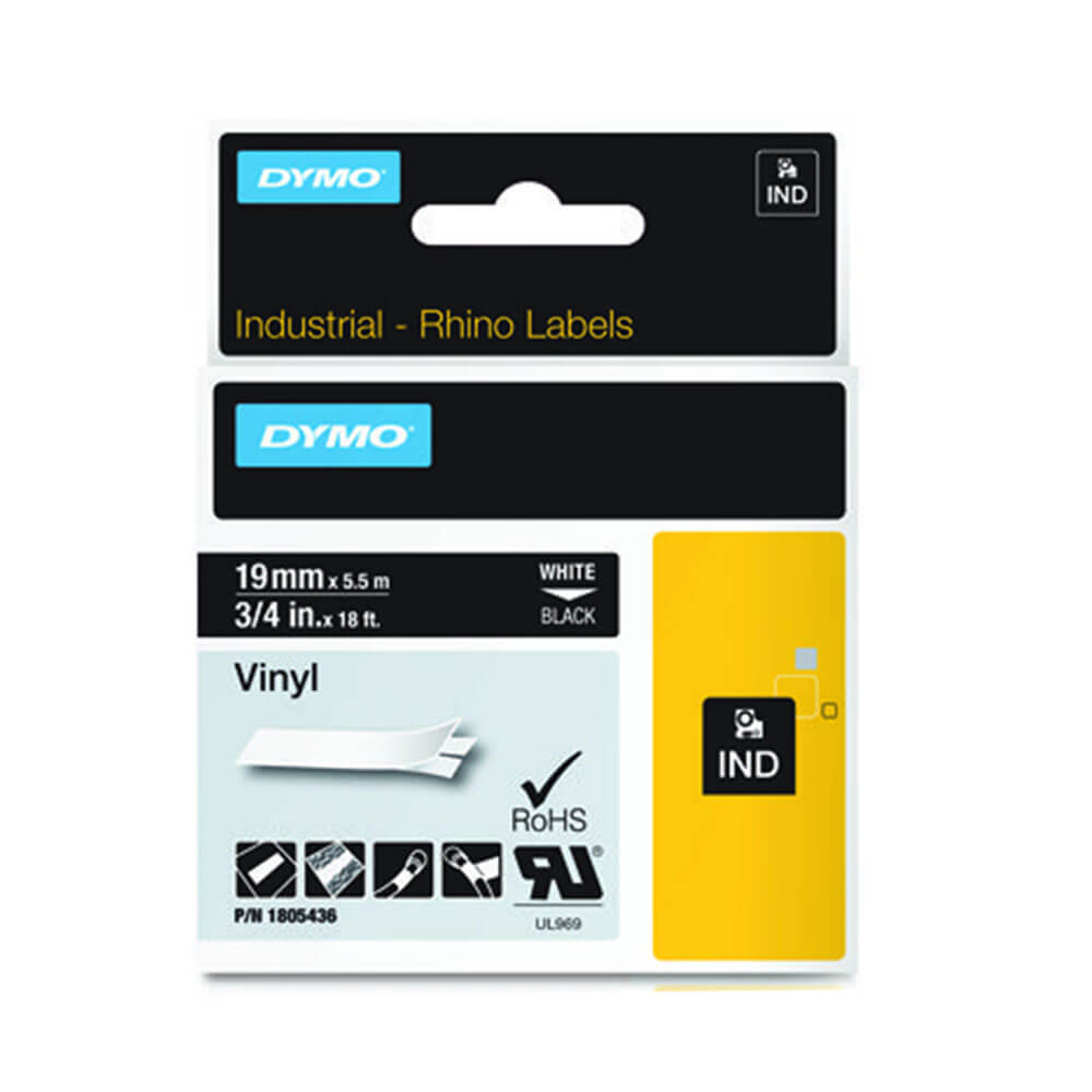 Dymo Rhino Vinyl Tape Label White on Black (19mmx5.5m)