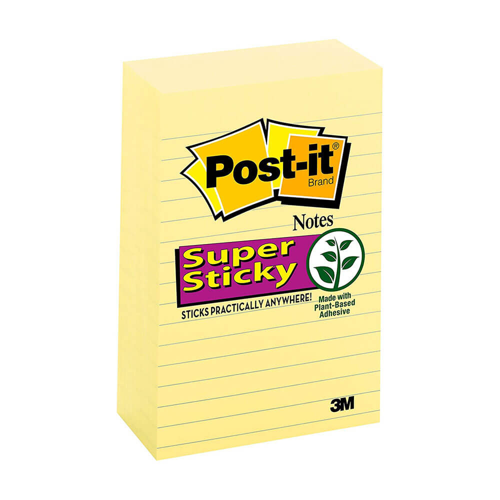 Post-it Lined Super Sticky Notes Canary Yellow 101x152mm 5pk