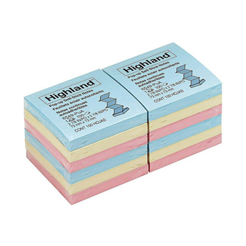 Highland Pop-up Sticky Notes 76x76mm Pastel (12pk)