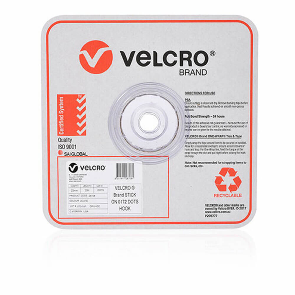 Velcro Hook Only Stick on Dots 22mm White (900pk)