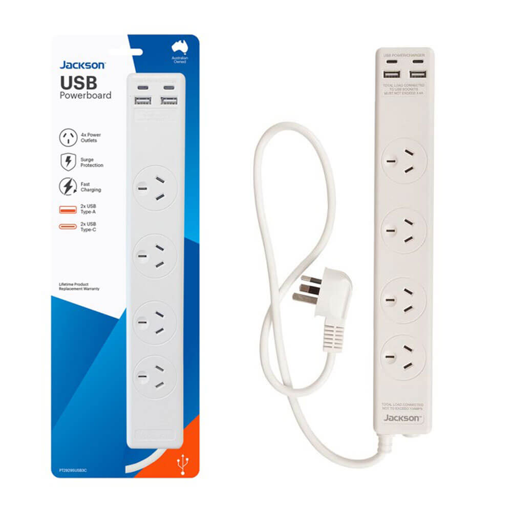 Jackson Industries 4 Outlet USB A and C Powerboard (White)