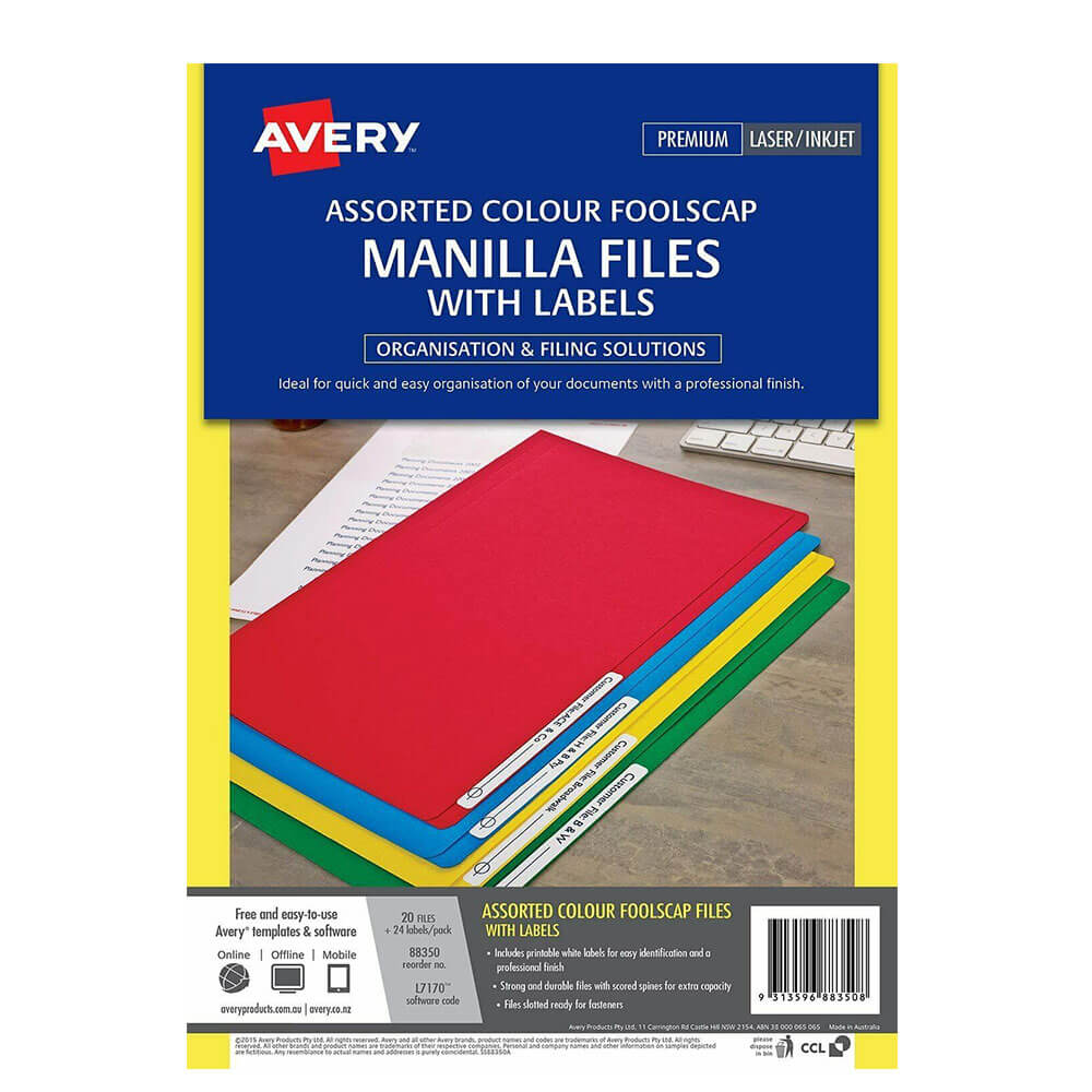 Avery Manilla Folder Foolscap with Laser Label Assorted 20pk