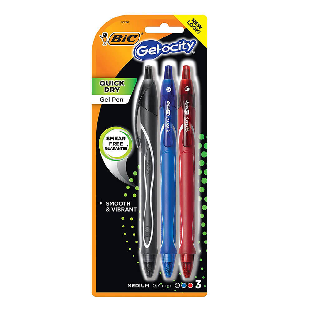 Bic Gelocity Quick Dry Pen 0.7mm Assorted Colours (3pk)