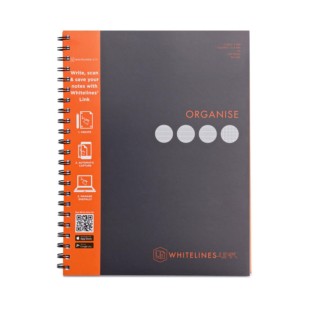 Whitelines Spiral 4 Subject Notebook A4 Black (240 pages)