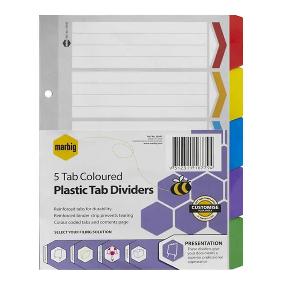 Marbig Manilla Plastic Tab Dividers A5 (5 Coloured Tabs)