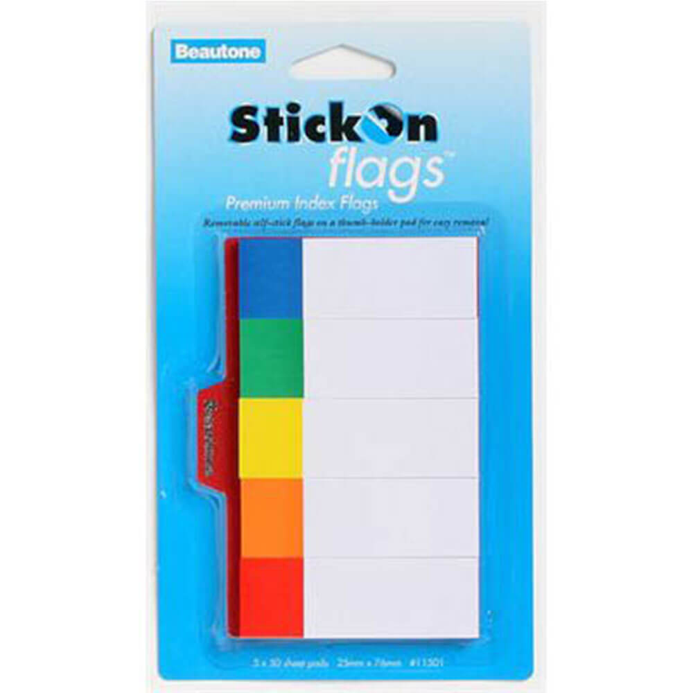 Beautone Stick On Index Flags 250 Sheets 25x76mm (5 Colours)