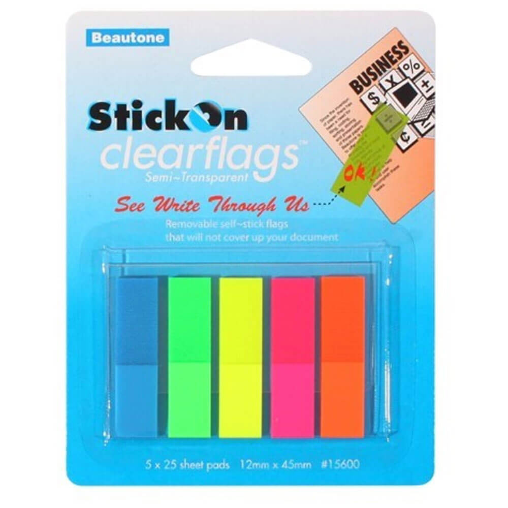 Beautone Stick On Clear Flags 125 Sheets 12x45mm (5 Colours)