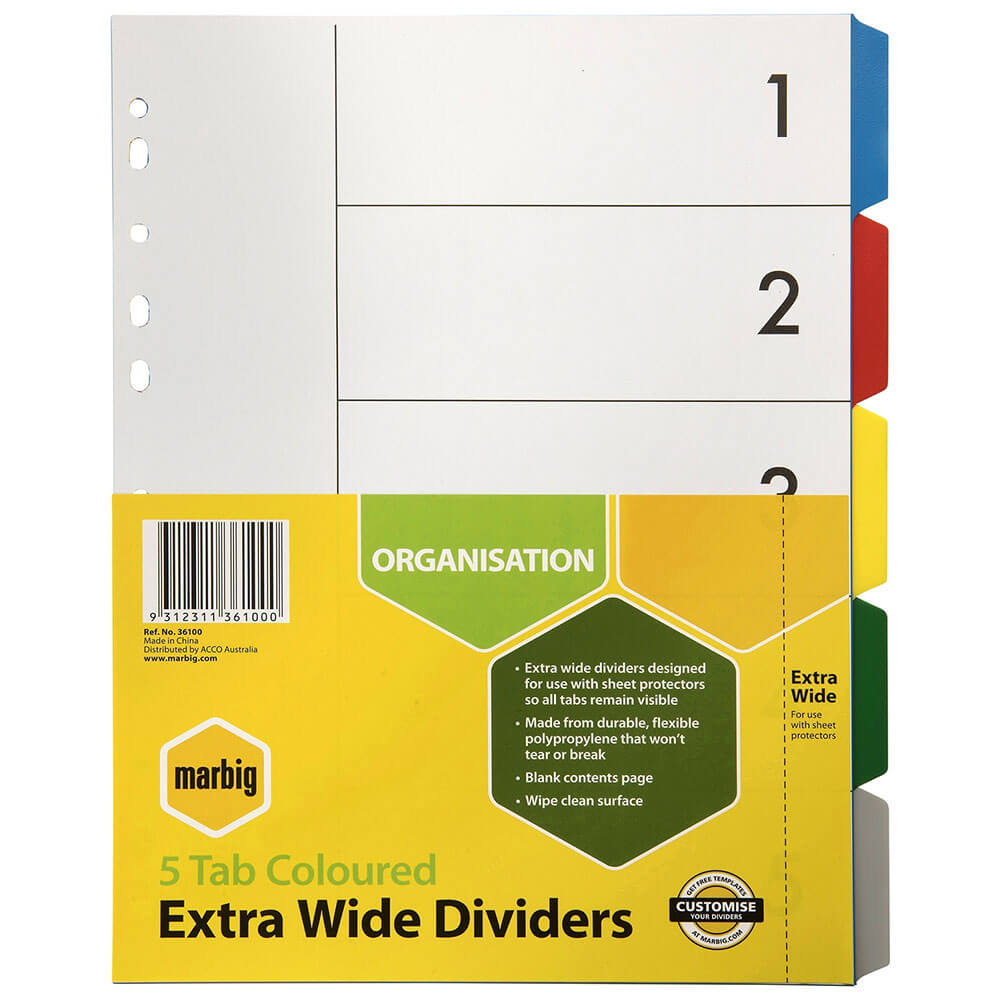 Marbig 5 Tab Plastic Extra Wide Dividers A4 (Coloured)