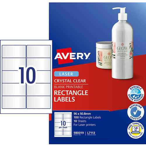 Avery Crystal Clear Rectangle Labels Pack (96x50.8mm)